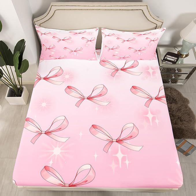 Manfei Pink Bowknots Bed Sheet Set 3 Pieces,Glitter Starry Bow Dreamy Microfiber Bedding Set Without Flat,Princess Fairy Tale Theme Bow-tie Girly Fitted Sheet,2 Pillow Cases,Full Size