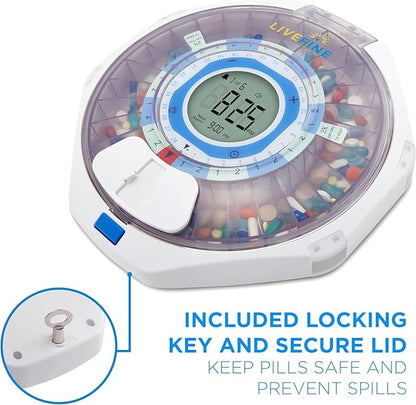 LiveFine WiFi Automatic Pill Dispenser and Remote Medication Monitoring System with Locking Key, 28-Day Medication Organizer Up To 9 Doses Per, Adjustable Light/Sound Alarms For Prescriptions & Vitami