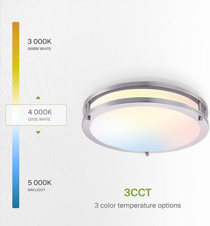 ASD LED 18" Round Flush Mount Lighting, Close to Ceiling Light Fixture | 3CCT, Dimmable, Energy Star, ETL Listed | 28W 2744LM 3000-5000K 100-277V | Low Profile Double Ring Lamp | Nickel