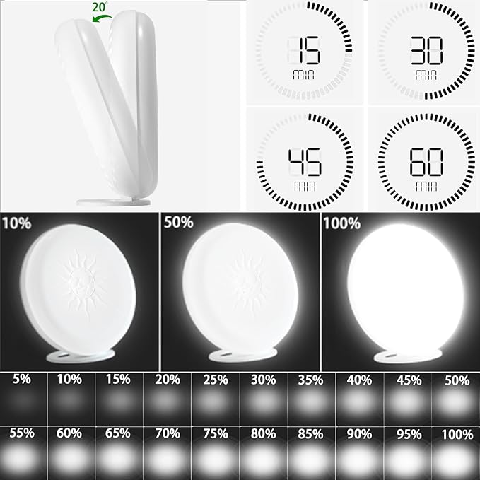Light Therapy Lamp,2 Major Functions,Activate Mood,Relieve Headache,UV-Free 10000 LUX Treatment Light,20-Level Drightness Fine-Tuning, 4 Timings,Large Glossy Rotatable Stand (RLTL00100)