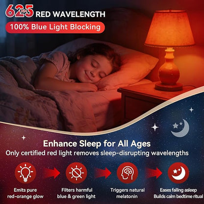 Neporal 625nm Red Light Bulbs for Sleep, 100% Blue Light Blocking Light Bulbs for Melatonin Promoting, A19 LED 9W 60W Equivalent Dim Red Night Light Bulb for Baby Nursery, Sleeping, Reading, 4-Pack