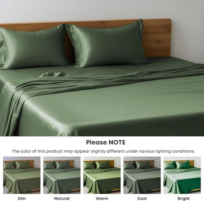 LINENWALAS Twin XL Flat Sheet Only - Rayon Derived from Bamboo Silk Bed Sheet, Premium Breathable Cooling Sheet, Soft Top Sheet (Twin XL, Avocado Green)