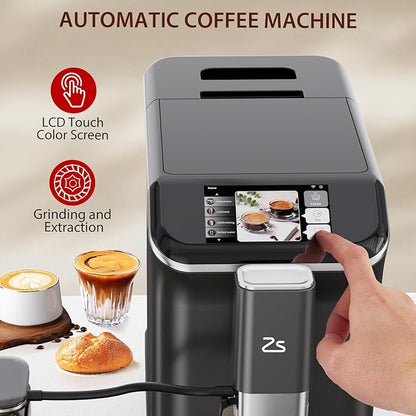 Fully Automatic Espresso Machine with Grinder, 20 Bar Espresso Machine with Automatic Milk Frother, 1-15 Adjustable Grind Size Levels, 1.5L Water Tank, Cappuccino & Latte Machine for Home