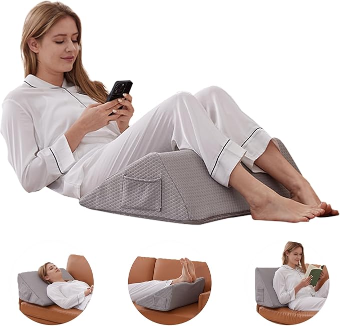 Knee Wedge Pillow, Memory Foam Leg Pillow Bed Wedge for Sleeping, Post Surgery Triangle Pillow for Knee Support, Leg Elevation, Hip Back Pain Relief (23.6" x 23" x 7.9", Large Size, Grey)