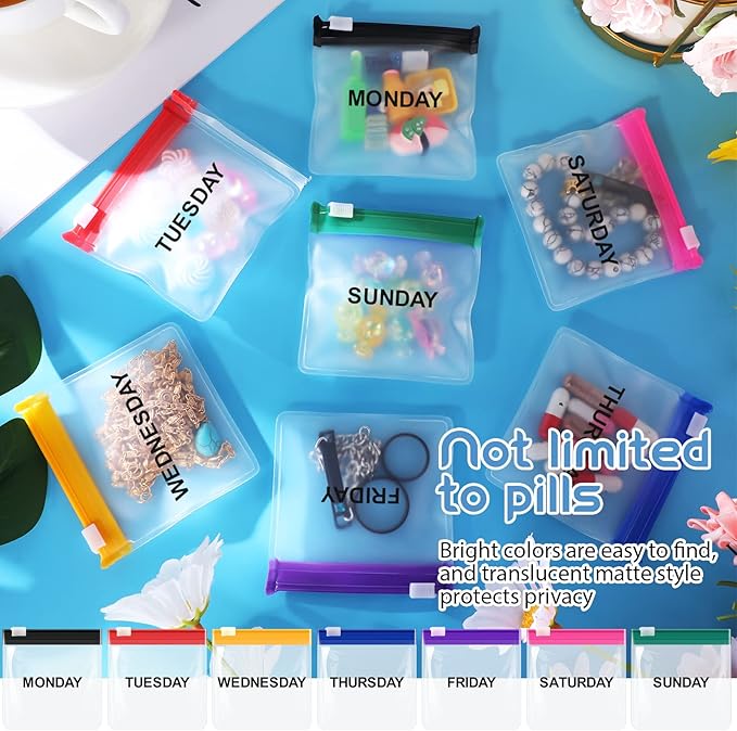 70 Pcs Weekly Pill Pouch Bags Zippered Reusable Medicine Organizer Set Self Sealing Medicine Organizer Travel Plastic Pill Bags with Slide Lock for Small Items Storage(Colored)