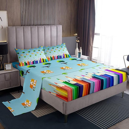 Manfei School Teal Blue Bed Sheet Set Twin Size,Colorful Lines School Learning Theme Sheet Set,Cartoon Sun Rainbow Tree House Graffiti Bedding Set with 1 Flat & 1 Fitted Sheet with 1 Pillow