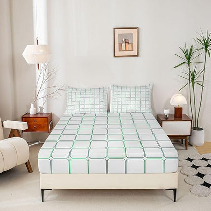 Grids Kids Full Size Fitted Sheet,Geometric Square Patchwork Room Decor,Simple Abstract Modern Boys Girls Bed Sheets,Gray Bedding Set,2 Pillowcases(No Flat)