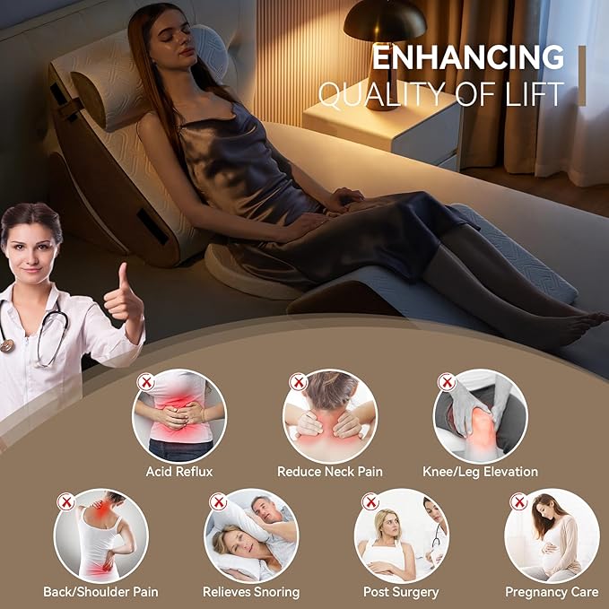 Wedge Pillow Set for After Surgery, 5 PCS Bed Wedge Pillow for Sleeping with Seat, Memory Foam Orthopedic Back Pillow for Pain Relief and Acid Reflux, Adjustable Post Surgery Pillow Brown