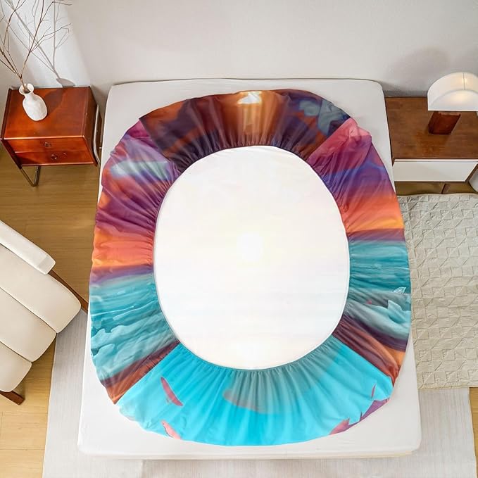 Beach Kids Twin Size Fitted Sheet,Sunset Hawaii Ocean Summer Boys Girls Bed Sheets,Abstract Seashore Coastal Room Decor,Orange Blue Bedding Set,1 Pillowcase(No Flat)
