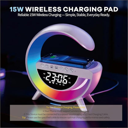 Wireless Charging Table Lamp, Multifunctional Bluetooth Speaker & Alarm Clock - LED Bedside Desk Lamp Night Light for Heavy Sleepers, Superfine Bedroom Home Decoration (White)