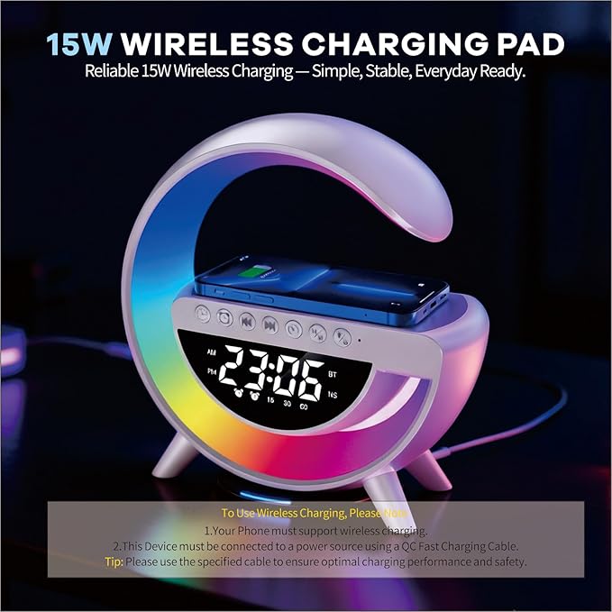 Wireless Charging Table Lamp, Multifunctional Bluetooth Speaker & Alarm Clock - LED Bedside Desk Lamp Night Light for Heavy Sleepers, Superfine Bedroom Home Decoration (Black)