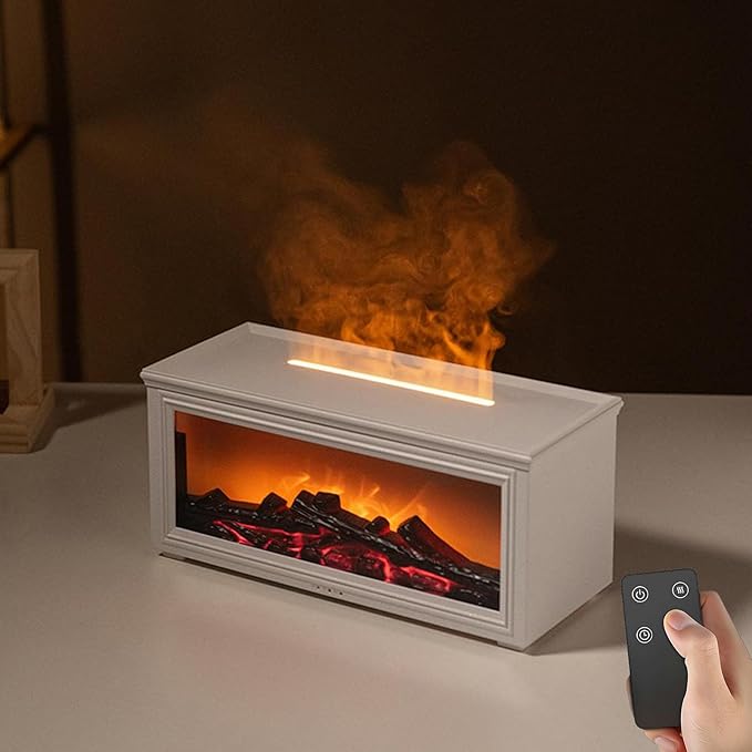 Fireplace Flame Air Diffuser Humidifier,7 Colors Aromatherapy Essential Oil Diffuser,280ml Ultrasonic Cool Mist Humidifier with Remote,3 Gears Timer Shutdown for Home,Bedroom,Office,Yoga(White)