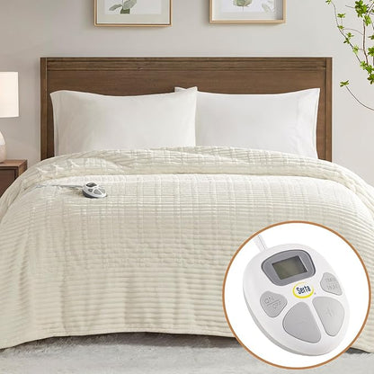 Serta Electric Blanket, Soft, Ribbed, Plush Heating Blanket Full for Office, Couch, 1-12 hr Auto Shut Off Timer, 10 Lv Heating, ETL Certified, Full 77"x84" Marshmallow