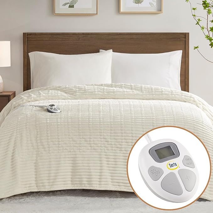 Serta Electric Blanket, Soft, Ribbed, Plush Heating Blanket Twin for Office, Couch, 1-12 hr Auto Shut Off Timer, 10 Lv Heating, ETL Certified, Twin 62"x84" Marshmallow