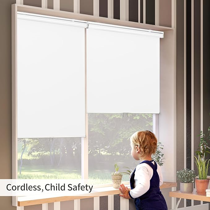 GENIMO 100% Blackout Roller Window Shades, Window Blinds Cordless with Thermal Insulated, UV Protection Fabric, Mini French Door Blinds for Home, Office, Bedroom, Easy to Install, White, 54" W X 72" H