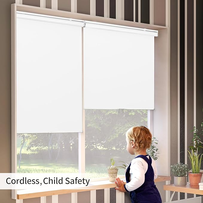 GENIMO 100% Blackout Roller Window Shades, Window Blinds Cordless with Thermal Insulated, UV Protection Fabric, French Door Blinds for Bedroom, Home, Office, Easy to Install, White, 20" W X 72" H