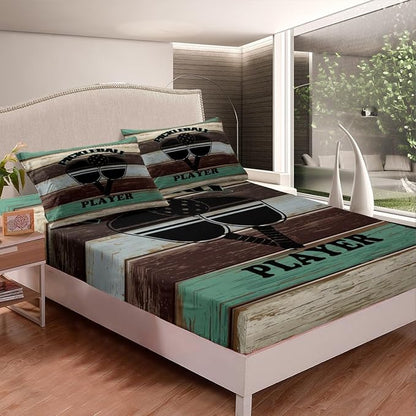 Manfei Pickleball Kids Sheet Full Size,Geometric Wooden Plank Rustic Bedding Set,Boys Girls Room Decor,American Tennis Sports Competition Games Brown Bed Sheet Set 4pcs(Fitted + Flat + 2 Pillowcases)