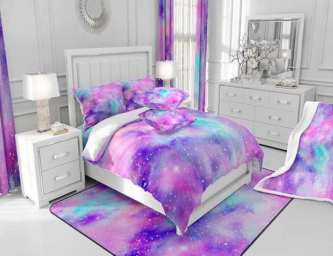 Manfei Galaxy Kids Sheet Set Full Size, Pink Purple Blue Starry Bed Sheet Set 4pcs (Fitted Sheet, Flat Sheet, 2 Pillowcases), Outer Space Theme Bedding Set for Boys Girls Teens Bedroom Decor