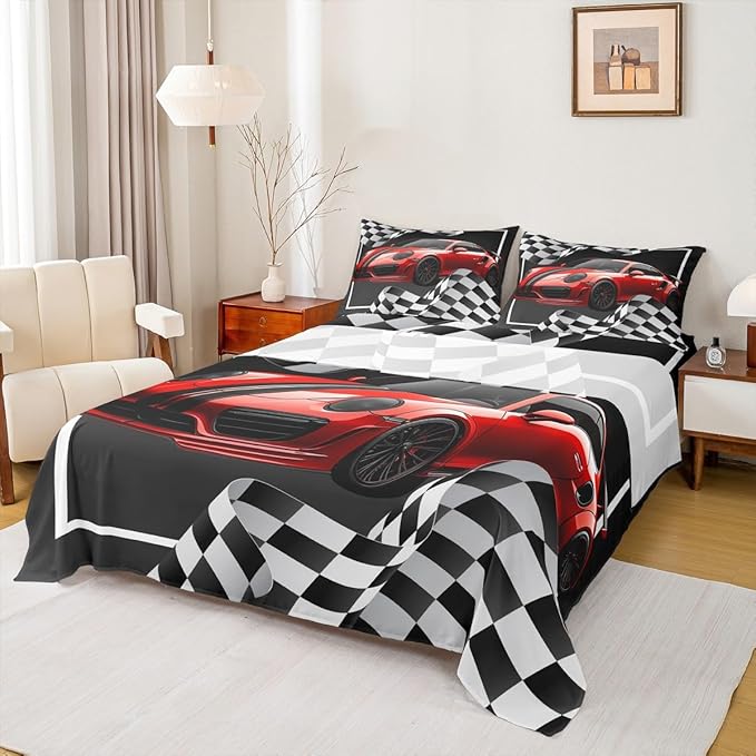 Manfei Red Race Car Sheet Set Full Black and White Grid Bedding for Kids Teens Room Decor,Soft Breathable Extreme Sport Bed Sheet Set 4pcs with Deep Pocket Fitted Sheet + Flat Sheet + 2 Pillowcases