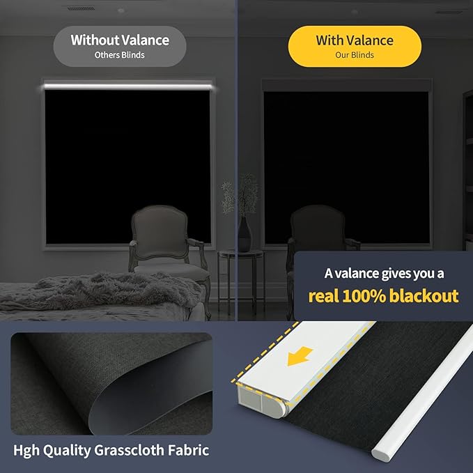 Motorized Smart Blinds With Remote, Grasscloth Fabric Roller Shades With Valance Cover, Cordless Automatic Blackout Electric Blinds for Windows, Black 34" W x 72" H
