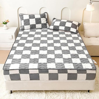 Milk Velvet Checkered Bedding Mattress Cover, Super Soft Elastic Bed Sheets with Pillowcase - Washable 12'' Deep Pocket Mattress Pad