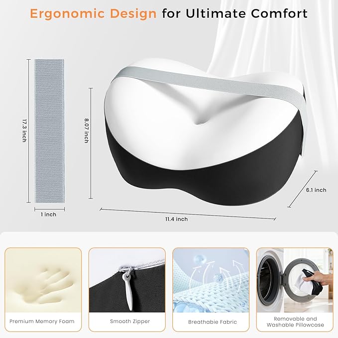 Knee Pillow for Side Sleepers, Memory Foam Leg Pillow for Spine Alignment, Sciatica, Hip & Joint Pain Relief, Breathable Cover & Adjustable Strap for Side/Back Sleepers