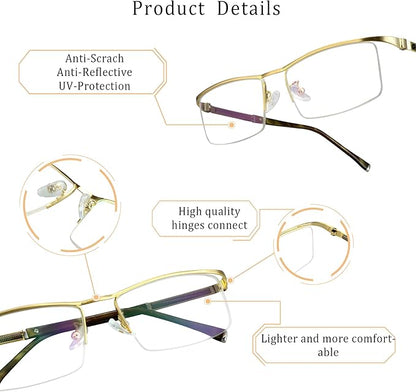 LifeArt Alloy Semi-Rimless Reading Glasses,Blue Light Blocking Glasses, Anti Eyestrain, Computer Gaming Glasses, TV Glasses for Men, Anti Glare (Golden, +1.75 Magnification)