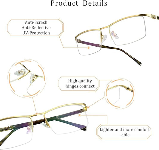 LifeArt Alloy Semi-Rimless Reading Glasses,Blue Light Blocking Glasses, Anti Eyestrain, Computer Gaming Glasses, TV Glasses for Men, Anti Glare (Golden, +0.75 Magnification)