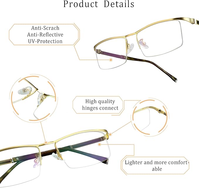 LifeArt Alloy Semi-Rimless Reading Glasses,Blue Light Blocking Glasses, Anti Eyestrain, Computer Gaming Glasses, TV Glasses for Men, Anti Glare (Golden, +2.75 Magnification)