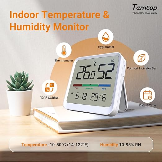 Temtop Indoor Thermometer Hygrometer, Precision Digital Temp/Humidity Monitor with Magnet & 3M Sticker, Date & Time, Wall/Magnet/Stand Mount, for Home, Office, Nursery, T1-SE 2 Pack