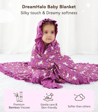 Premium Baby Blankets, Soft Viscose from Bamboo Blanket for Girls, Nursery Crib Bedding Quilt for Newborn and Toddler, Ruffle Blanket Cooling for Hot Sleepers 50''x50'' Purple Unicorn