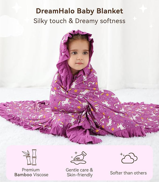 Premium Baby Blankets, Soft Viscose from Bamboo Blanket for Girls, Nursery Crib Bedding Quilt for Newborn and Toddler, Ruffle Blanket Cooling for Hot Sleepers 50''x50'' Purple Unicorn
