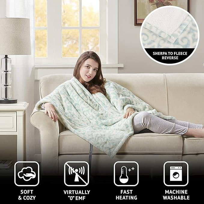 Beautyrest Wearable Electric Poncho Wrap Blanket, Ultra Soft Sherpa & Berber Fleece Heated Throw, Low EMF, UL Certified, 3 Heat Settings & 2hr Auto Shutoff, Gift-Ready, 50" x 64", Dusty Blue Lattice