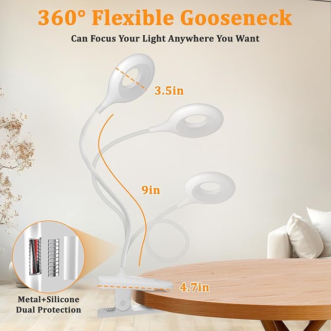 Clip on LED Reading Light, 25 Models USB Rechargeable Bed Lamp with Strong Clamp for Headboard, Eye Protection Portable Cordless Battery Lights for Bedframe Desk Table Home Office (White)
