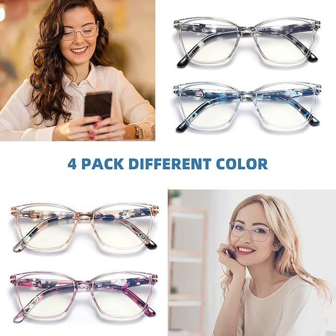 4 Pack Reading Glasses Blue Light Blocking for Women Men,Fashion Square Computer Readers with Spring Hinge,Anti Eyestrain Eyeglasses(0.75x)