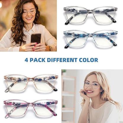 4 Pack Reading Glasses Blue Light Blocking for Women Men,Fashion Square Computer Readers with Spring Hinge,Anti Eyestrain Eyeglasses(3.0x)