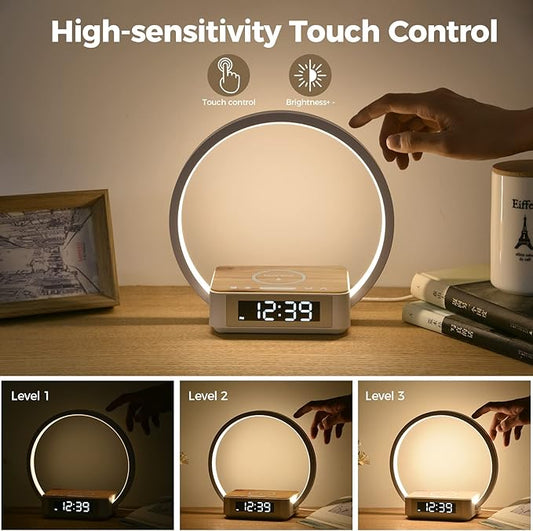 Desk Lamp with Alarm Clock Qi Wireless Charger, Touch Lamp for bedroom 3 Light Hues, Bedside Lamp 10W Max Wireless Charging Table Lamp LED Eye-Caring Reading Nightstand Light for Living Room