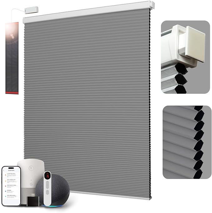 CINONEKO Motorized Cellular Shades, Smart Blackout Honeycomb Blinds with Remote, No Drill Electric Blind with Solar Panel, Alexa & Google, Cordless Automatic Shade for Indoor Windows, Grey 30x64