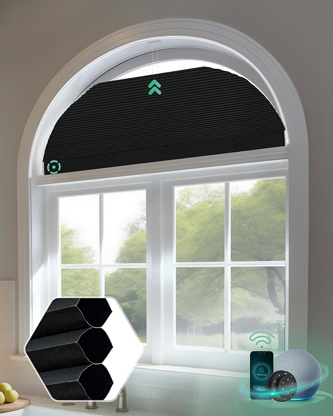 Yoolax Smart Cellular Shades, Motorized Arch Window Honeycomb Blinds Motorized Blinds with Remote Compatible with Alexa, Customized Arched Cellular Shades (Blackout Noir)