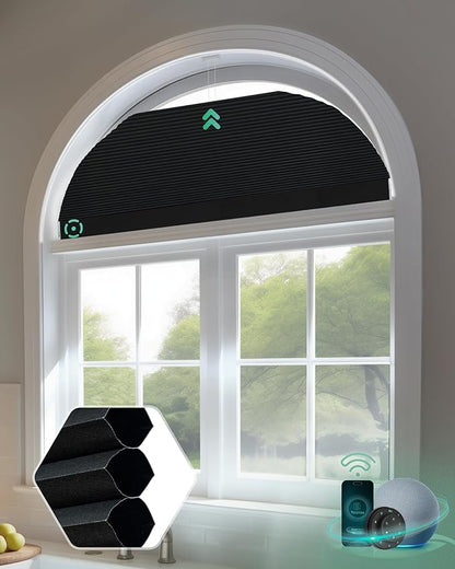 Yoolax Smart Cellular Shades, Motorized Arch Window Honeycomb Blinds Motorized Blinds with Remote Compatible with Alexa, Customized Arched Cellular Shades (Blackout Noir)