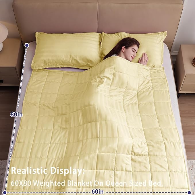 Weighted Blanket for Adults (15 lbs, 60" x 80", Mustard yellow Stripes) Heavy Blanket for Sleeping Perfect for 140-160 lbs, Queen Size Breathable Blanket with Premium Glass Bead, Machine Washable