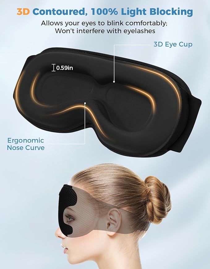 Sleep Mask with Bluetooth Headphones, Removable 3D Contoured Cup, Wireless Eye Mask for Sleep, Sleeping Headphones with Thin Stereo Speakers for Men, Women, Travel, Relaxation - Black