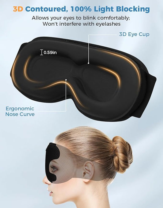 Sleep Mask with Bluetooth Headphones, Removable 3D Contoured Cup, Wireless Eye Mask for Sleep, Sleeping Headphones with Thin Stereo Speakers for Men, Women, Travel, Relaxation - Black