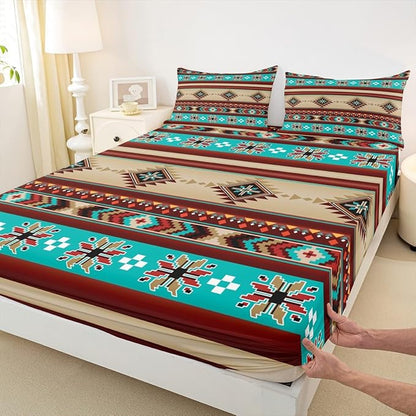 Manfei Aztec Geometric Bed Sheets Full Size,Southwest Tribal Ethnic Boho Easy Wash Bedding Set,Rustic Farmhouse Bohemian Boys Girls Room Decor,Teal Red Brown Sheet(Fitted+Flat+2 Pillowcases)