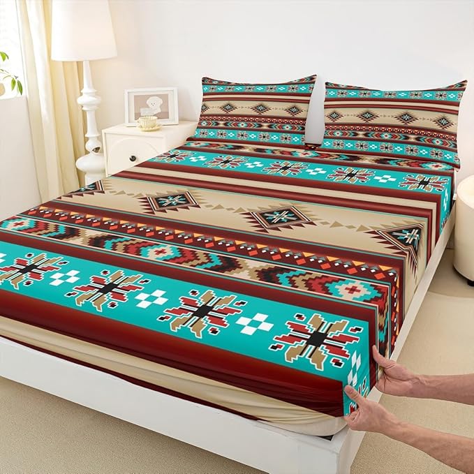 Manfei Aztec Geometric Kids Sheet Twin Size,Southwest Tribal Ethnic Boho Bedding Set, Rustic Farmhouse Bohemian Boys Girls Room Decor, Teal Red Brown Sheet(Fitted+Flat+1 Pillowcase)