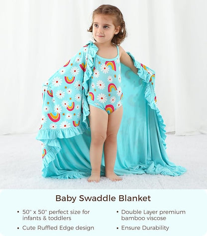 Premium Baby Blankets, Soft Viscose from Bamboo Blanket for Girls, Nursery Crib Bedding Quilt for Newborn and Toddler, Ruffle Blanket Cooling for Hot Sleepers 50''x50'' Daisy