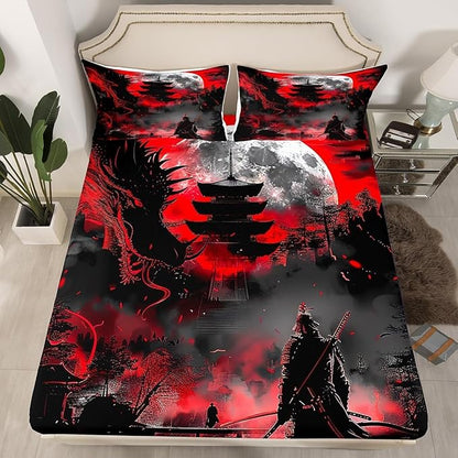 Western Dragon Kids Sheet Set Full Size,Japanese Samurai Japan Ukiyo-e Style Scenery Bedding Set 4pcs,Boys Girls Room Decor,Ancient Animal Red Black Bed Sheet Set 4pcs(Fitted + Flat + 2 Pillowcases)