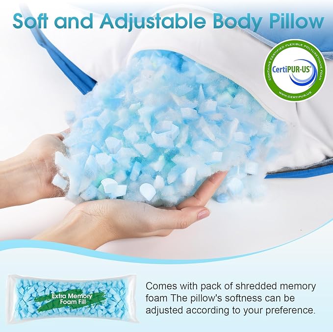 Body Pillow, Long Pillow, Memory Foam Body Pillow, C-Shaped Side Sleep Pillow, Machine Washable Pillowcase, Light Blue-53”×10”
