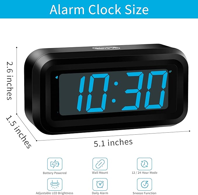 KWANWA Alarm Clock, Digital Clock, Constantly 1.2'' LED Blue Digits Display, Battery Powered, Snooze, Small Wall Clock, Desk Clock, Clock for Bedroom, Alarm Clock for Heavy Sleepers