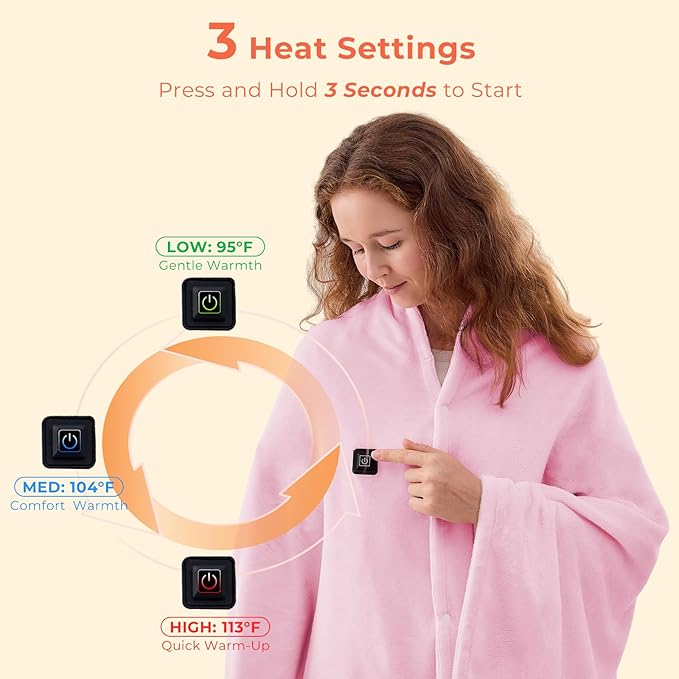 JOLLYVOGUE USB Heated Blanket Throw, Wearable & Portable Heating Electric Blanket for Adults, 3 Levels & 8 Heating Zone Shawl for Indoor & Outdoor, Pink (Battery Not Included)